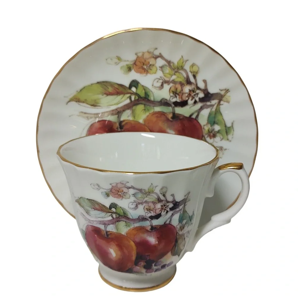Vintage Crown Trent Teacup and Saucer Staffordshire England Red Apples Gold Trim